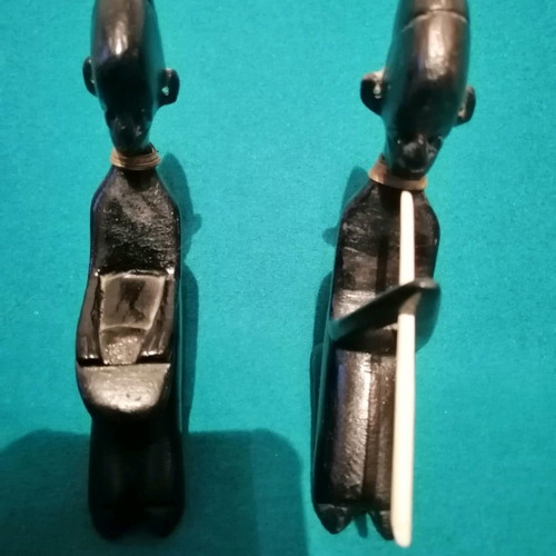 Ebony woodcarving set used, two African figures playing musical instruments