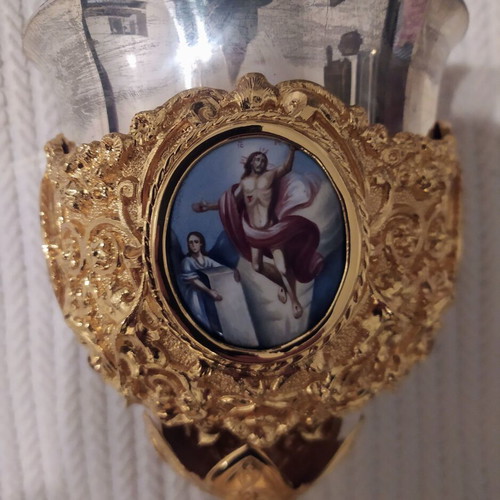 Large gilded chalice like new with enamel and carved decoration