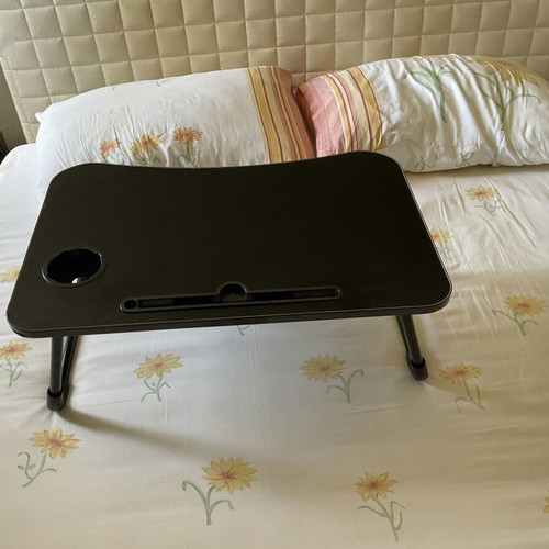 Breakfast bed tray table with cup holder and tablet slot, black