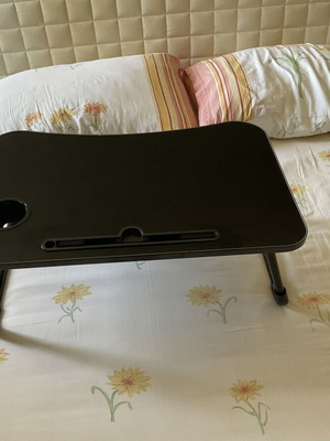 Breakfast bed tray table with cup holder and tablet slot, black