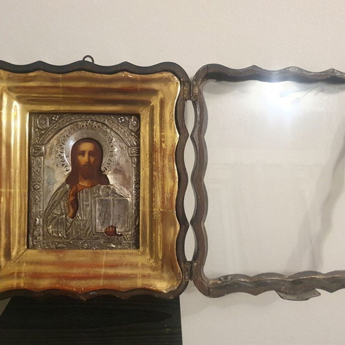 Old Russian Jesus Icon used in wooden frame with glass