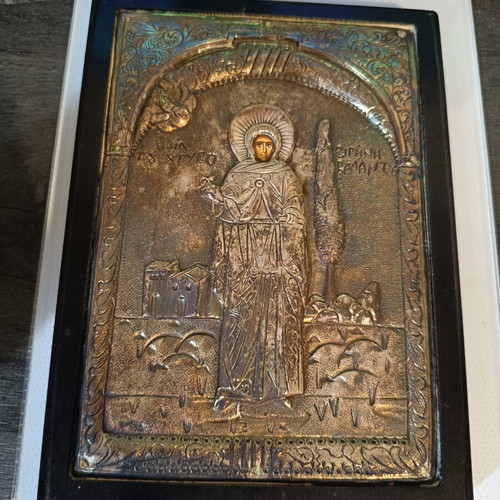 Saint Irene Chrysovalantou religious icon used, wooden base with embossed metal cover