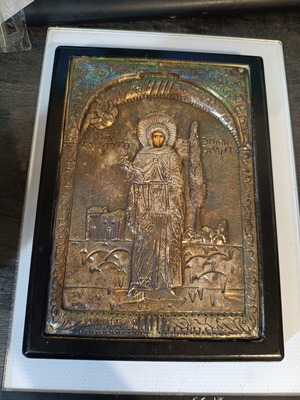 Saint Irene Chrysovalantou religious icon used, wooden base with embossed metal cover