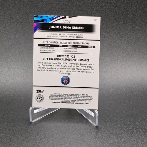 2021 Finest UEFA Champions League Gold Refractor Eric Junior Dina Ebimbe #12 Rookie RC PSG card