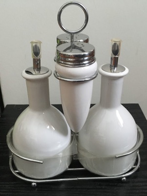 Salt pepper oil vinegar set new with metal stand