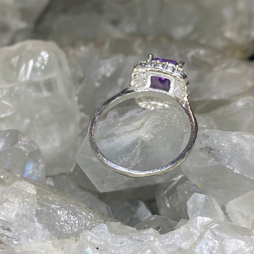 Silver ring with natural amethyst cut stone and moissanite, new