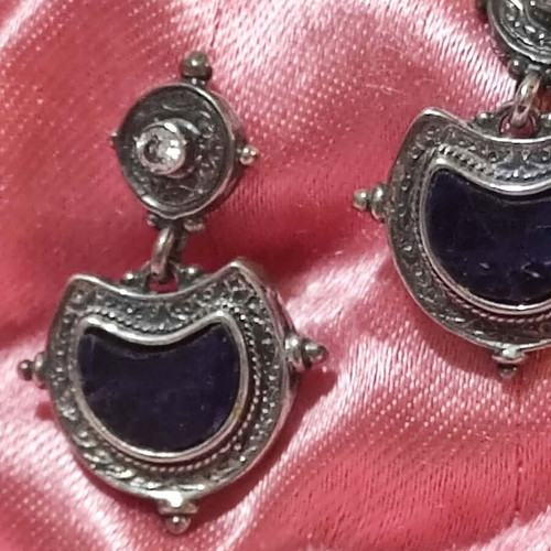 Silver 925 vintage stud earrings with lapis lazuli and zircon