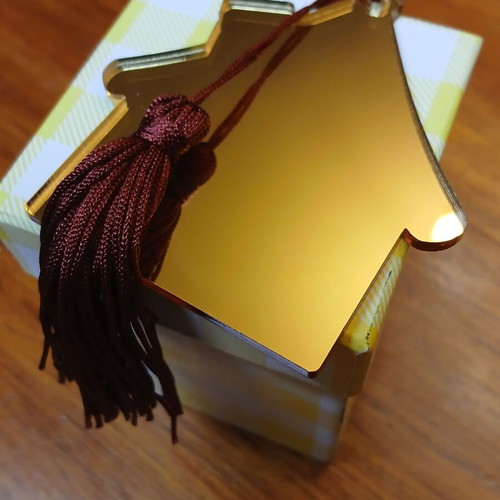House-shaped plexiglass mirror charm new with burgundy tassel