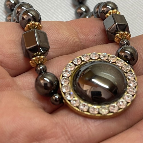 Vintage Hematite Necklace with Rhinestone Pendant like new