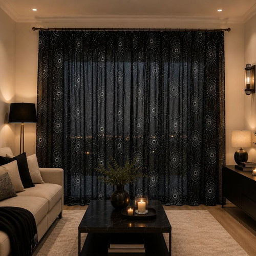 Black Semi-Transparent Curtain with Silver Spiral Design 286x274 cm new