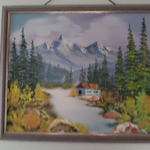 Wall decor painting like new with house in forest