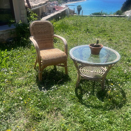 Bamboo table with glass and used armchair set