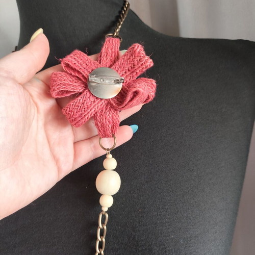 Statement handmade necklace with fabric and crochet beads