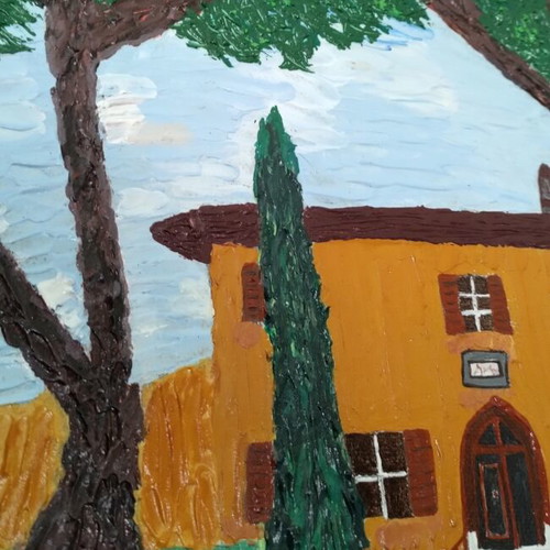 Painting on canvas Villa with fountain, new, 39x39 cm