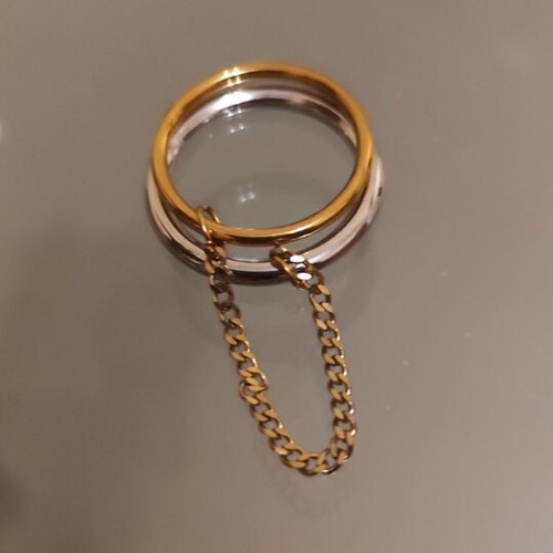 Two-tone ring new with two bands and chain, sizes 10 and 9, stainless steel