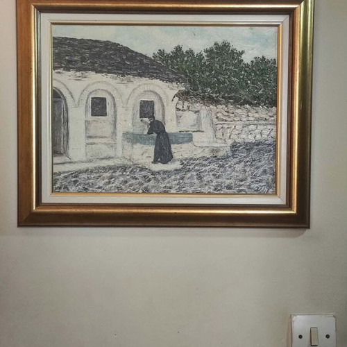 Oil painting of traditional Greek landscape with wooden frame