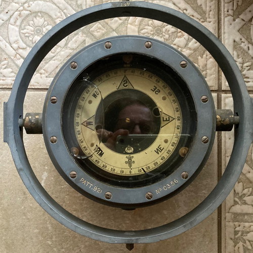 Nautical compass used with box and 1844 stamp