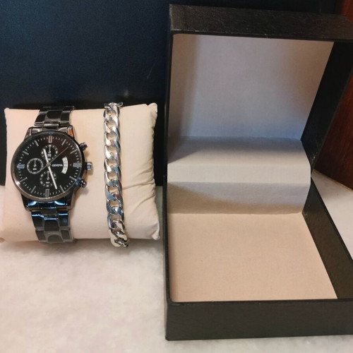 Geneva men's watch and silver chain bracelet set new in box