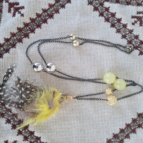 Long necklace new with feathers and yellow beads