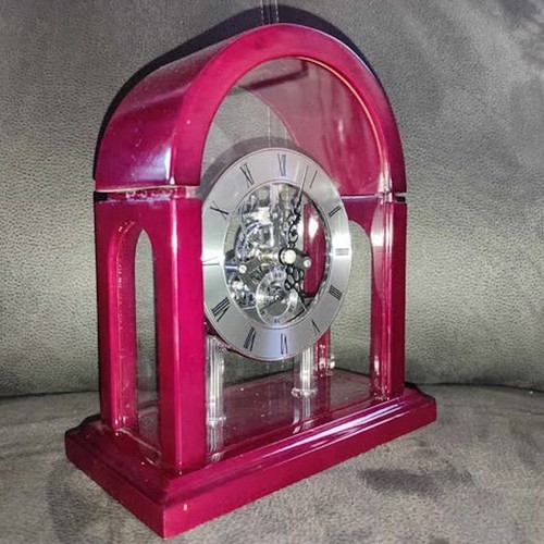 David Peterson Skeleton Mantel Clock like new, wooden with glass