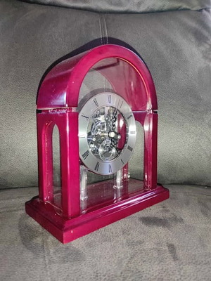 David Peterson Skeleton Mantel Clock like new, wooden with glass