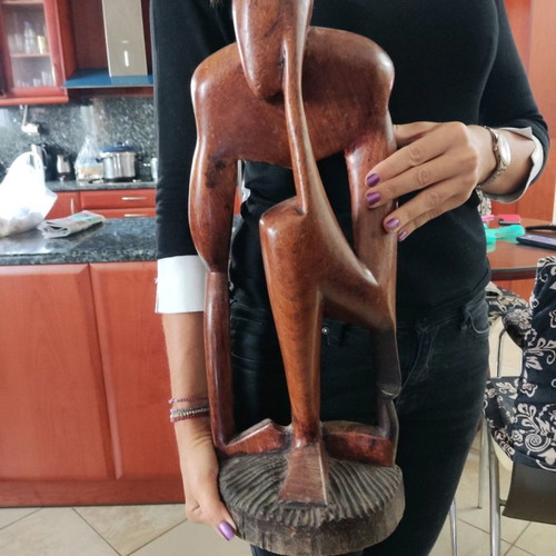Wooden sculpture man thinking used, large handmade