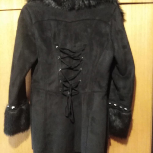 Women's suede coat new black with fur and suede cord details