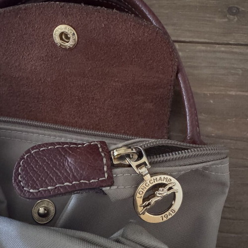Longchamp Le Pliage handbag used, beige with brown leather details