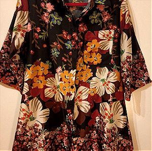 Εμπριμέ φλοράλ σατέν πουκαμίσα - κιμονό one size