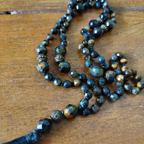 Blue Tiger Eye Malas Necklace like new with bronze elements, 80 cm