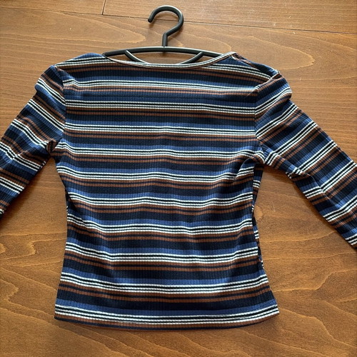 Shein XS Long Sleeve Top Blue Brown White Stripes Like New