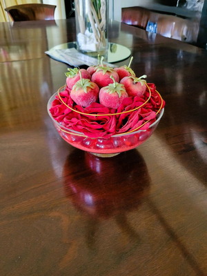 Decorative glass bowl centerpiece with red roses and velvet fruits like new
