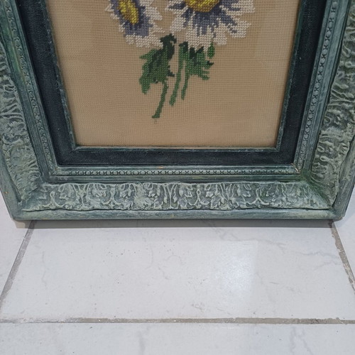 Embroidered painting used with greenish frame 34cm x 54cm