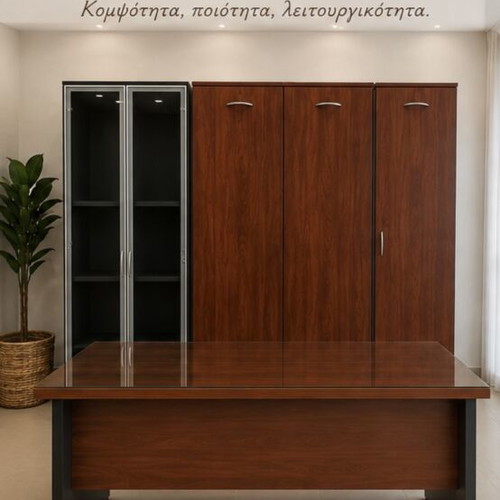 Office furniture set of 3 pieces like new, walnut wood, includes desk and glass top