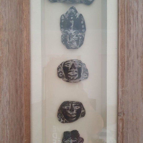 Pre-Columbian art masks used, set of 6 in wooden frame with glass