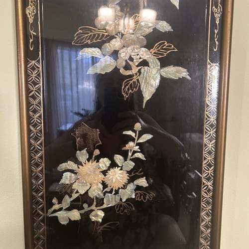 Vintage Chinese lacquer panel Birds & Flowers used decorative art