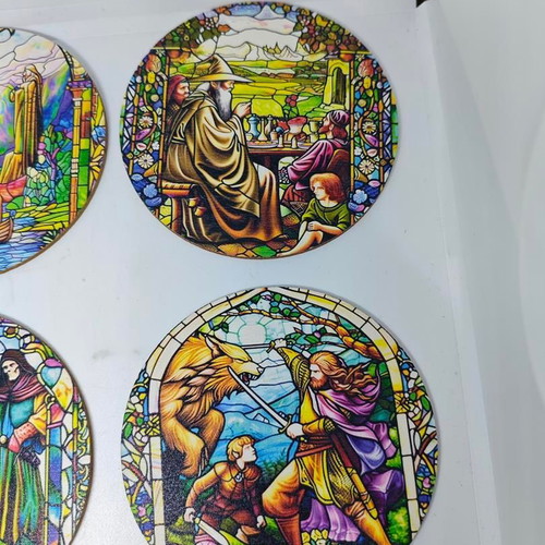 Lord of the Rings wooden coasters like new with stained glass design