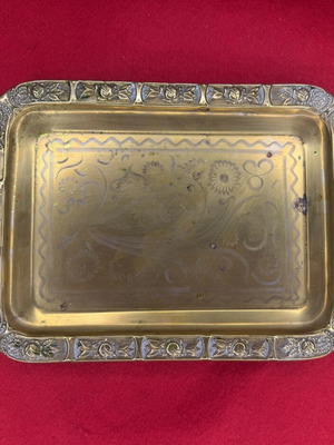 Vintage μπρούτζινος δίσκος με περίτεχνες λαβές, 32 x 18,5 εκ.
