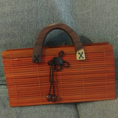 Handmade bag like new with wood and reeds brown orange