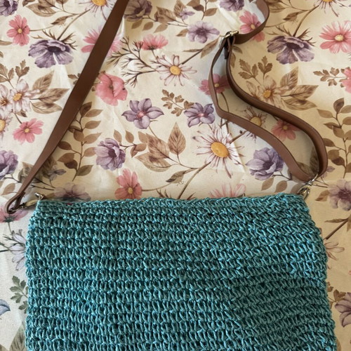 Handmade shoulder bag like new, turquoise with fabric pom-poms
