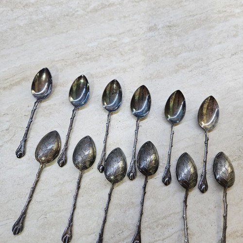 Vintage set of 12 teaspoons with handmade branch design, like new
