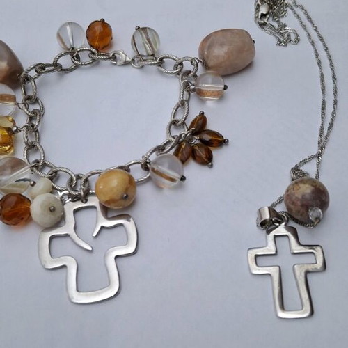 Silver set 925 with semi-precious stones, bracelet and cross new