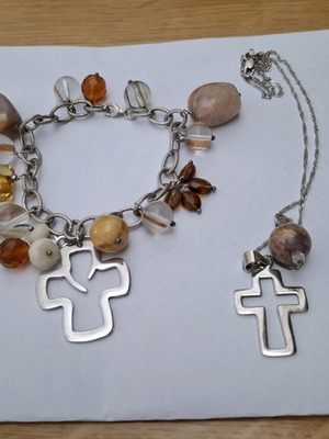 Ασημένιο σετ 925 με ημιπολύτιμες πέτρες, βραχιόλι και σταυρός καινούργιο