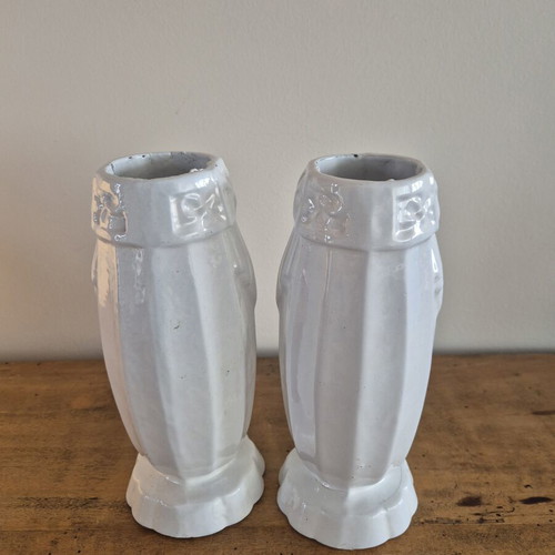 Art Deco White Enameled Cast Iron Cemetery Vases, Pair