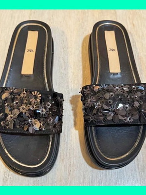 Zara black slippers with sequins like new, size 38