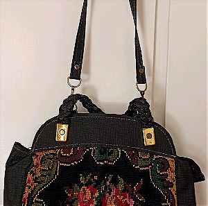 Vintage tapestry μαύρη τσάντα ώμου με λουλούδια