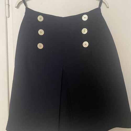 High-waisted women's office skirt with decorative buttons, pleats, like new, blue