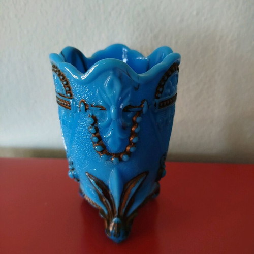 Blue opaline like new with embossed decoration and bronze paint
