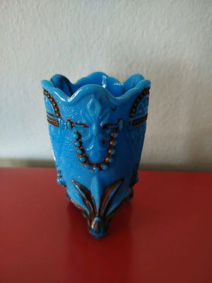 Blue opaline like new with embossed decoration and bronze paint