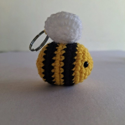 Knitted bee keychain handmade with silver ring made to order